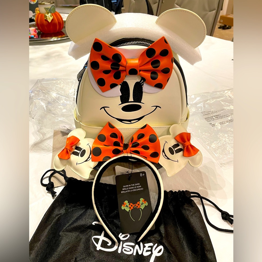 Loungefly Disney Ghost Minnie Mouse Glow In The Dark Backpack and Ears: NEW